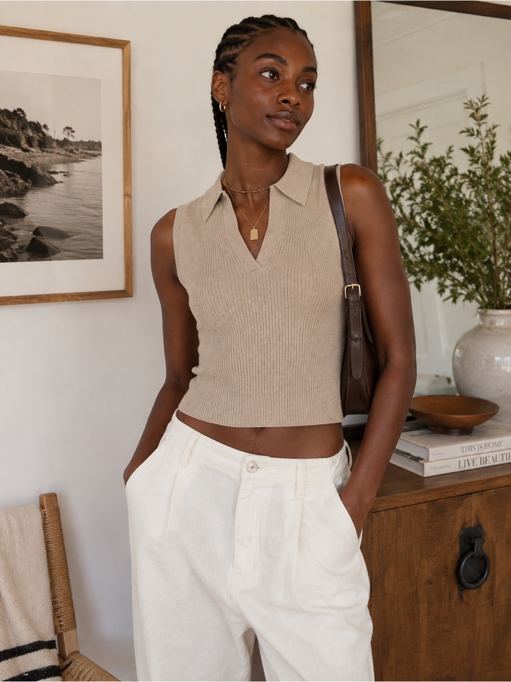 Ribbed Collared Sleeveless Sweater Tank | Oatmeal Beige Minimalist Knit Top
